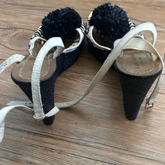 Preloved- Kate Spade Sandals Heels Black Ivory Leather Pom Pom Platform Wedges 8 - Picture 4 of 10